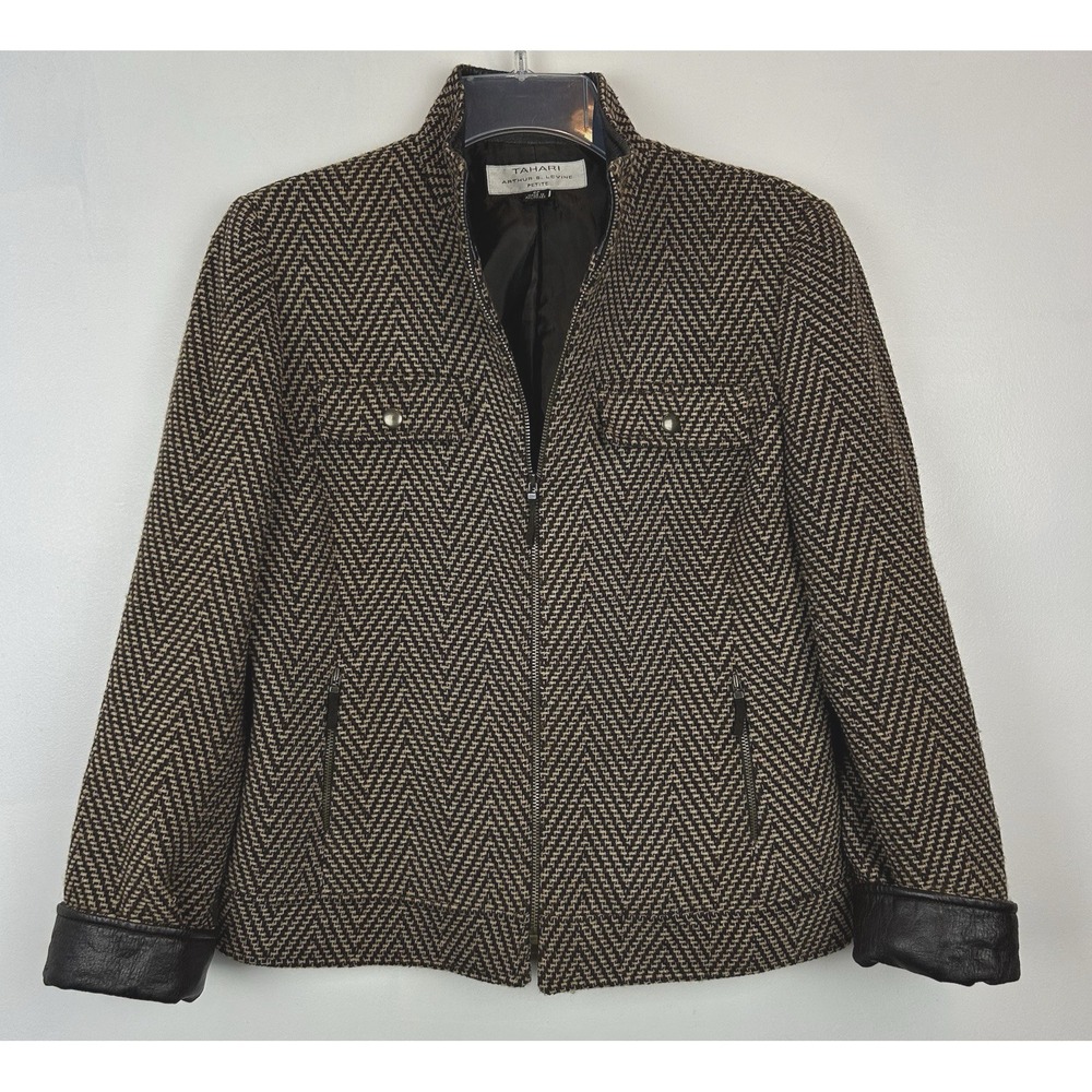 Tahari Blazer Womens 6 Petite Wool Blend Tweed Faux Leather Trim Lady Jacket